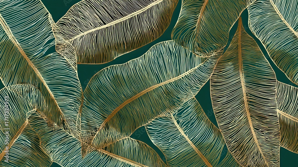 Elegant illustration of layered, detailed leaves in green and gold tones, creating a decorative design