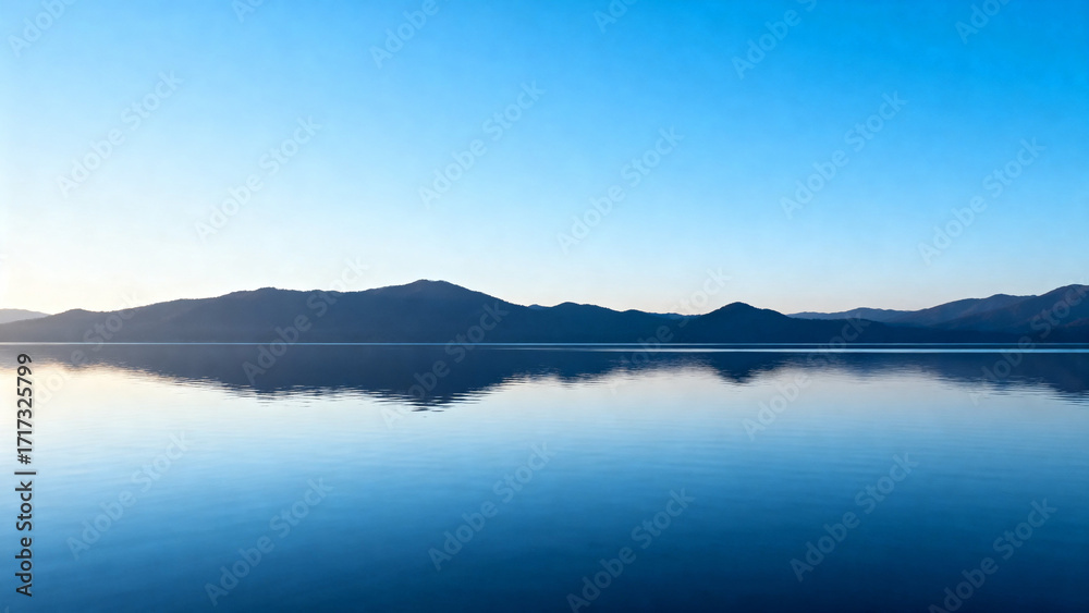 Fototapeta premium Calm lake reflecting distant mountains under a clear blue sky