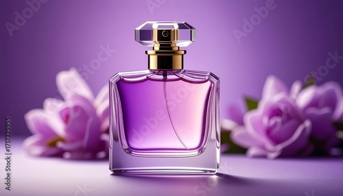 Front View Expensive Perfume In Flask On Purple Background Fragnance Smell Scent Love Couple