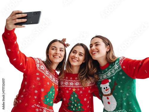 Three girls in Christmas sweaters taking a selfie isolated on transparent or white background, png