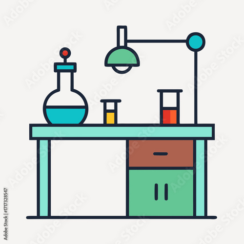A colorful laboratory desk with scientific equipment and a desk lamp