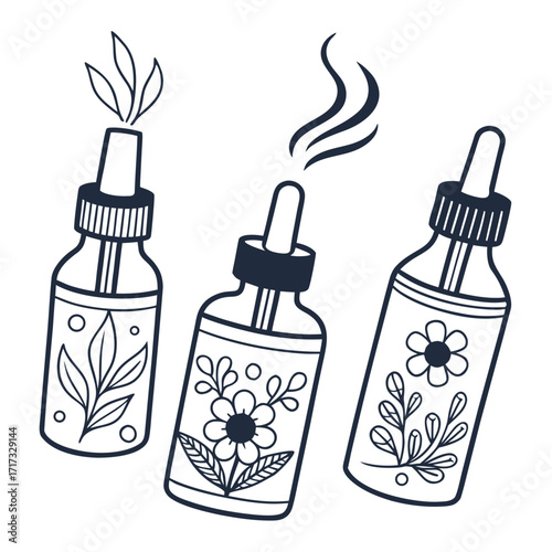 Vector minimal icon set of aromatherapy bottles with steam and floral accents, clean line design.
