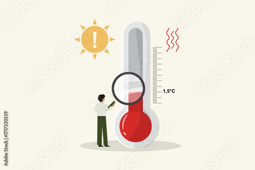 Climate Change Temperature Monitoring 1.5 Degrees. Thermometer showing 1.5°C target. Paris target. Climate change concept. Global warming. Climate concept. Flat style. Vector illustration