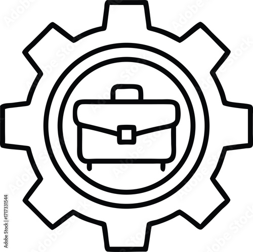 Briefcase icon inside gear symbol representing business operations and workflow efficiency vector