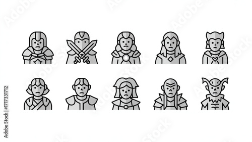 Fantasy character avatars set vector illustration for game design and rpg medieval warrior and mage icons set