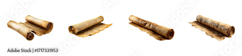 Antique parchment scrolls with weathered edges and textures, cut out transparent