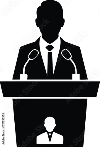 Silhouette of a politician speaking at a podium with microphones and audience symbol vector