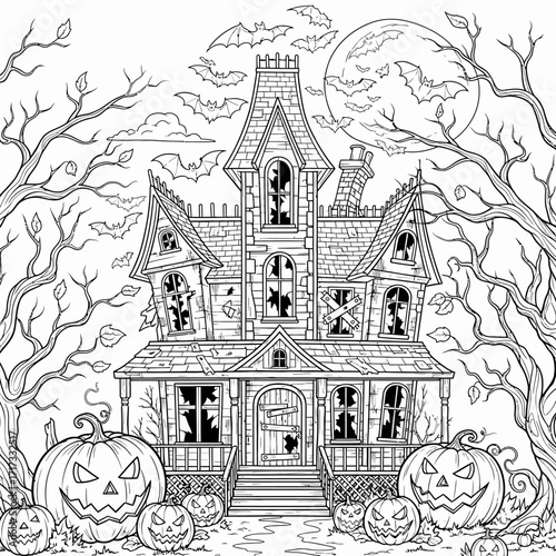 A haunted Victorian mansion, dilapidated and spooky, sits under a full moon, surrounded by jack-o'-lanterns and bare trees.