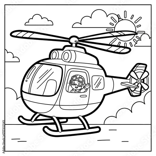 A cheerful pilot waves from a cartoon helicopter flying in a sunny sky.
