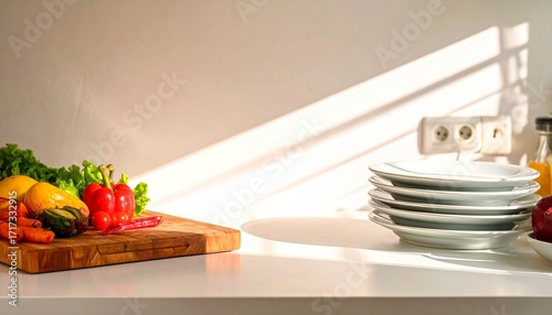 Bright Kitchen Counter with Vegetables and Stacked Plates in Sunlight
