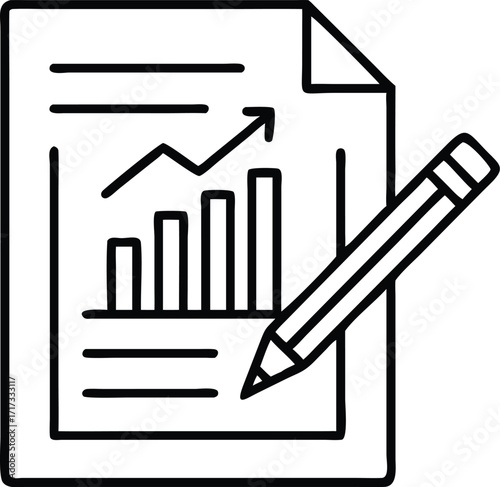 Hand-drawn bar chart document with growing trend line and pencil icon vector