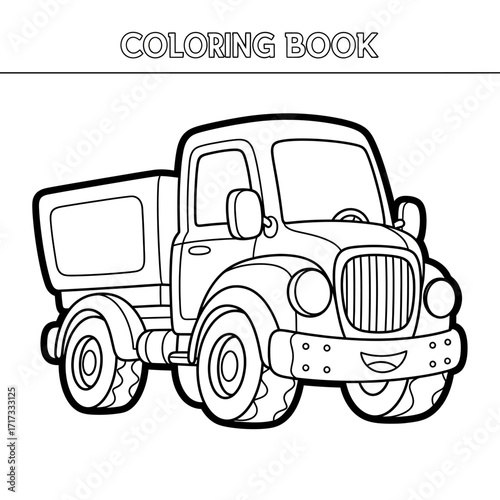 A cheerful cartoon dump truck ready for coloring in a children's book.
