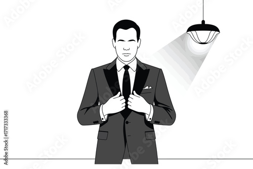 Man in suit adjusting lapels under spotlight