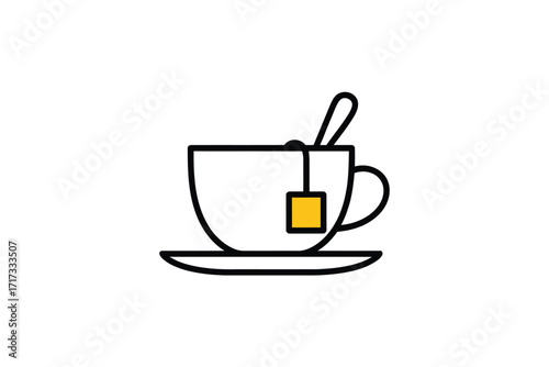 Simple line art icon of a cup of tea with tea bag and spoon