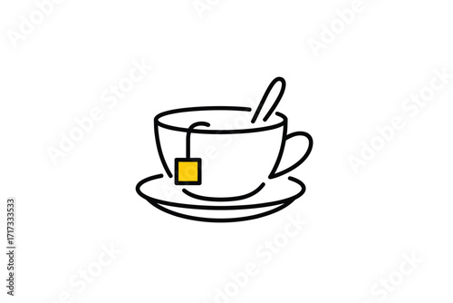 Simple line drawing of a white tea cup with tea bag and spoon