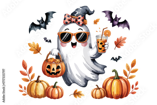 Cute watercolor ghost with sunglasses and pumpkin trick or treat bucket