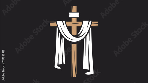 Wooden cross with white cloth draped over it on a dark background