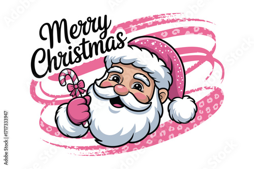 Merry christmas santa claus holding a candy cane with pink background