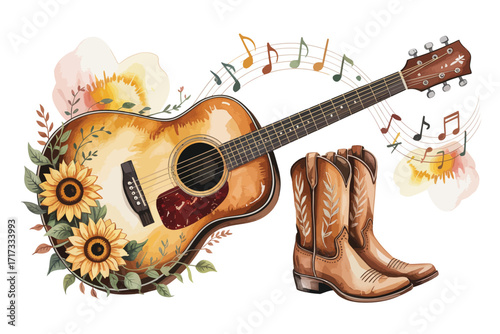 Acoustic guitar with sunflowers and cowboy boots country music theme