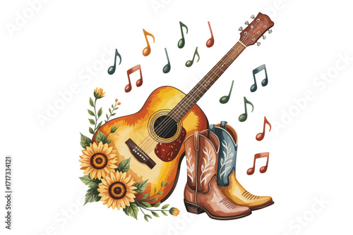 Acoustic guitar with sunflowers and cowboy boots surrounded by musical notes