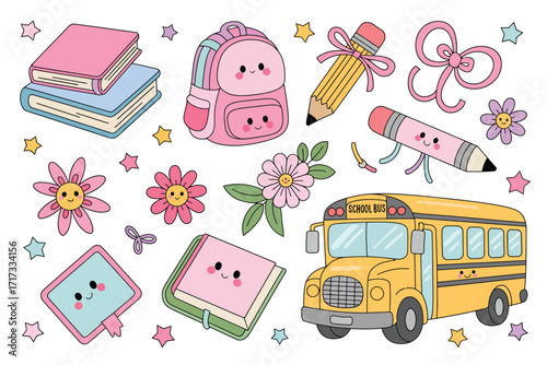Cute kawaii school supplies and yellow bus illustration