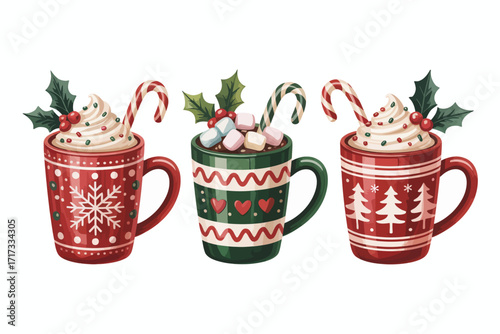 Festive christmas hot chocolate mugs with candy canes and whipped cream