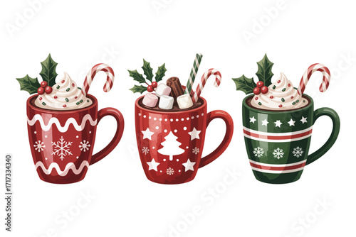 Three festive christmas mugs filled with hot chocolate and holiday treats