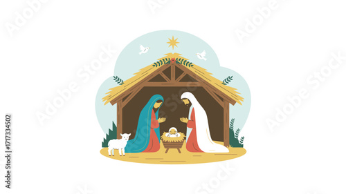 Nativity scene with mary joseph and baby jesus in stable