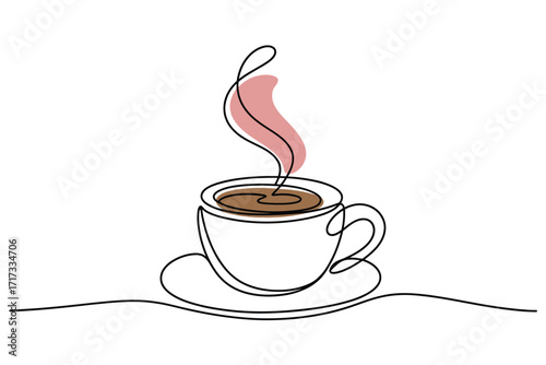 Minimalist single line drawing of a steaming cup of coffee on a saucer
