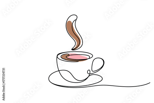 Minimalist single line drawing of a steaming cup of coffee on a saucer