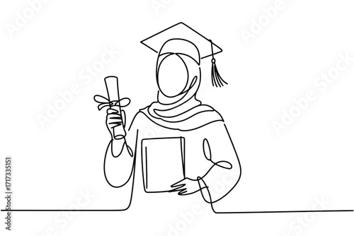 Muslim woman graduate wearing hijab and cap holding diploma and book