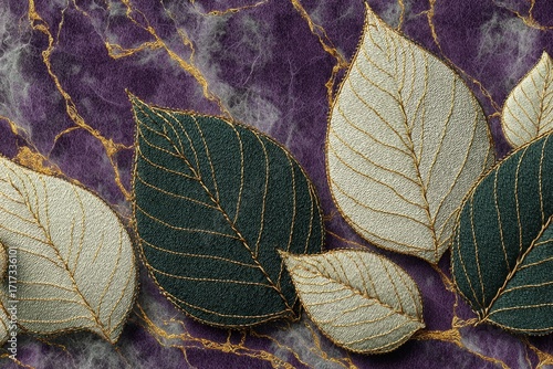 Embroidered leaves in shades of cream and teal, resting on a textured purple marble background with gold accents, showcase intricate details and a tranquil ambiance.