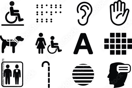 Disability Accessibility Icons Wheelchair Braille Ear Hand Guide Dog Elevator Cane illustration untitled