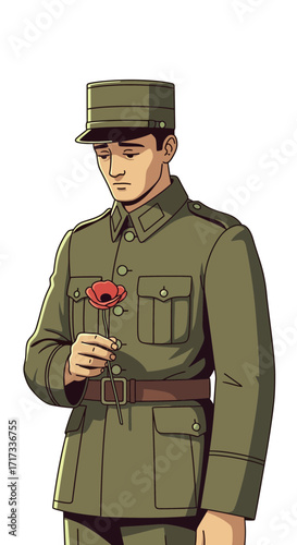 A solemn soldier in a retro military uniform holding a single red poppy for remembrance