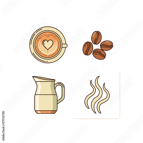 Coffee Icons Latte Art, Beans, Creamer, and Steam, Perfect for Cafe and Restaurant Designs