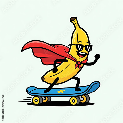 Funny Banana Superhero Skateboard Cartoon Character Illustration