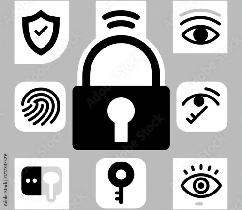Collection of security and privacy icons including a padlock, fingerprint, eye scan, and key for digital protection and access control