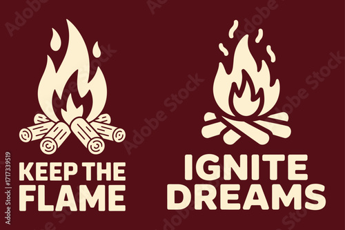 Campfire flames and motivational text logs wood