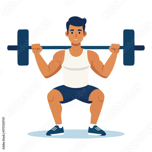 A muscular man performs a barbell squat, demonstrating strength and fitness.