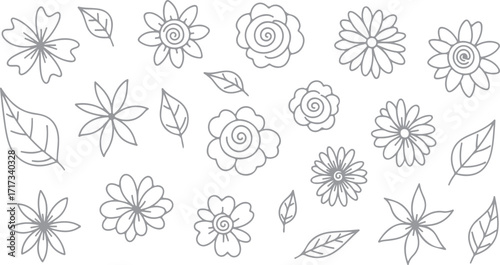 Elegant floral pattern with a variety of flower and leaf shapes in a simple outline style perfect for backgrounds and decorative designs
