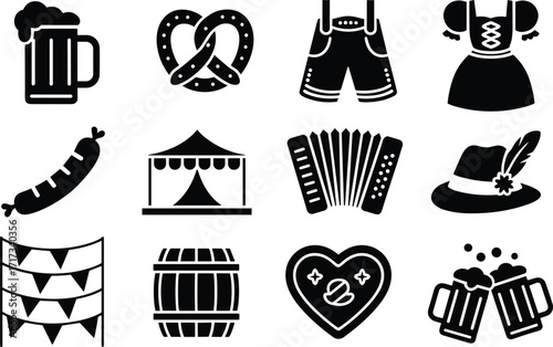 Oktoberfest Icons Beer Pretzel Lederhosen Dirndl Sausage Tent Accordion Hat Bunting Barrel Heart Cookie Mugs
