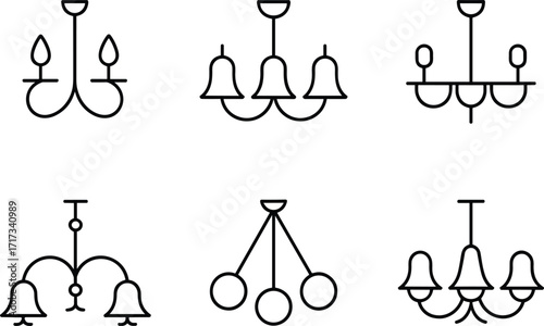 Set of Six Different Outline Icons Representing Chandeliers light lamp