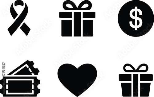 Six black silhouette icons for charity, gifts, and finance ribbon awareness ribbon