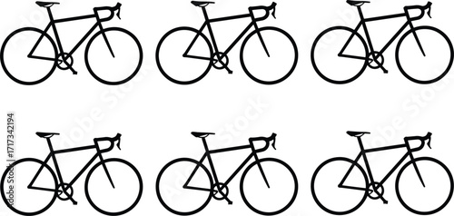 Six black silhouette icons of road bicycles with riders and handlebars Keywords: bicycle, bike, road bike, cycling, sport