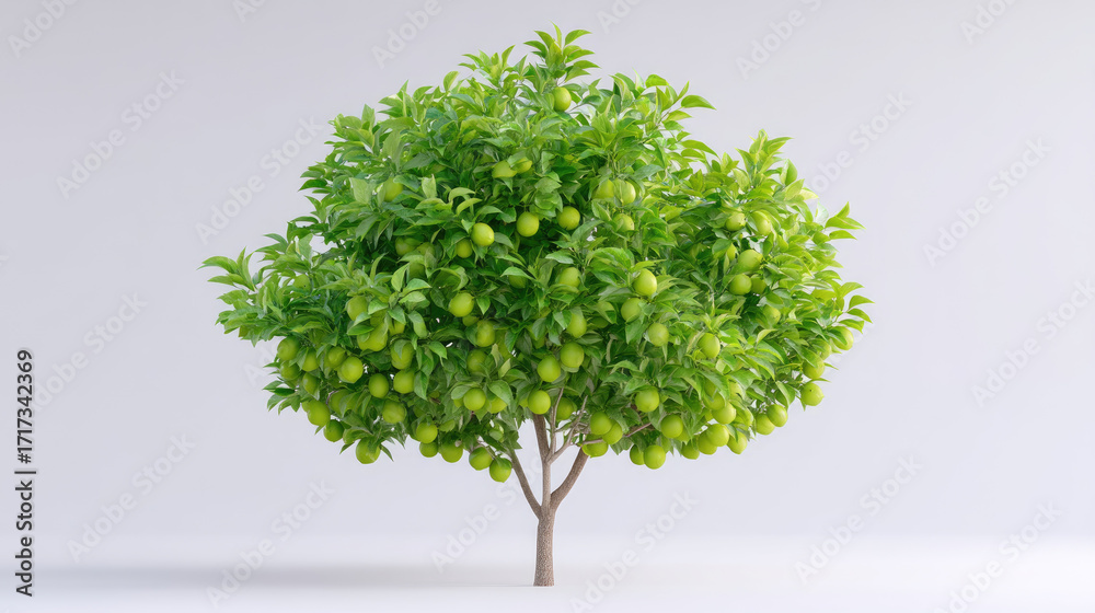 Obraz premium Realistic lime tree with vibrant green leaves and abundant limes, isolated on white background, showcasing its natural beauty and freshness. This evokes sense of vitality and growth