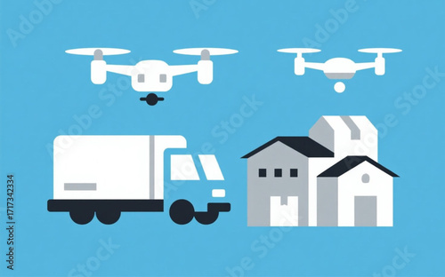 Modern Logistics and Delivery Systems Featuring Drones and Trucks for Efficient Transport of Goods and Packages Across Industries