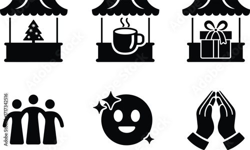 Six black silhouette icons representing market stalls and holiday symbols kiosk booth