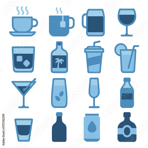 Array of beverages: A vibrant compilation of diverse beverages, each meticulously illustrated to capture the essence of refreshment and delight. From steaming cups to sparkling concoctions.