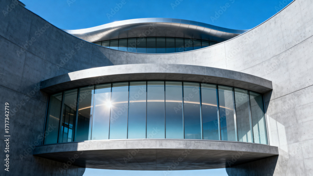 Fototapeta premium Modern architectural structure with curved concrete walls and large glass windows under a clear blue sky