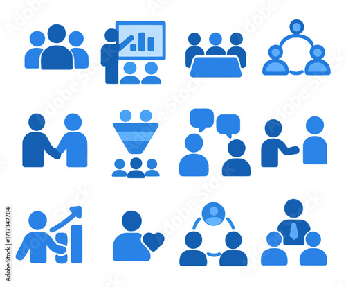 Business Icons: A collection of vector-based icons showcasing various aspects of business and teamwork, presented in a modern and clean style. Perfect for illustrating concepts like presentations.